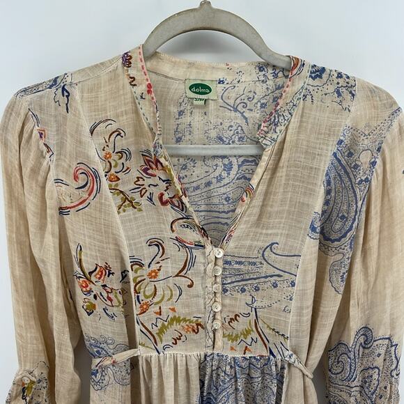 ANTHRO Dolma paisley boho print 1/4 button up long sleeve baby doll dress sz S/M - Picture 2 of 7
